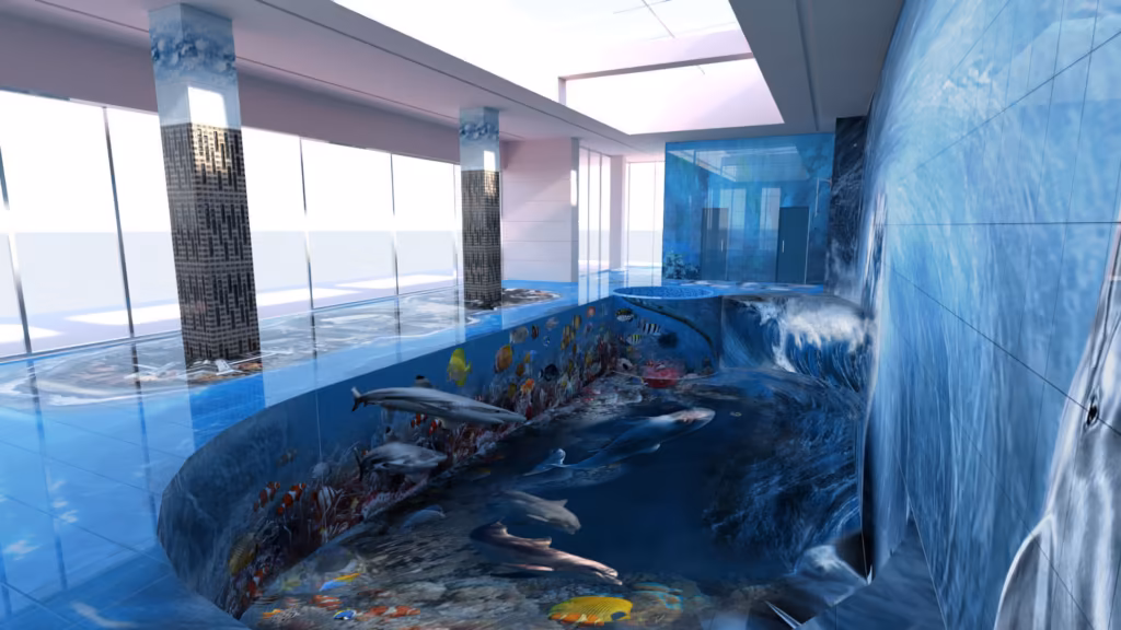 Pool tile mural printed with ceramic toner