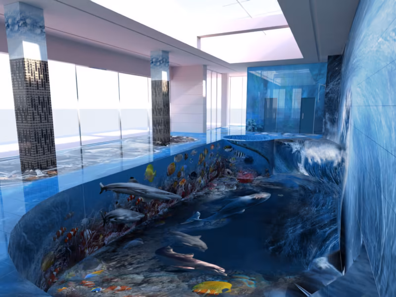 Pool tile mural printed with ceramic toner
